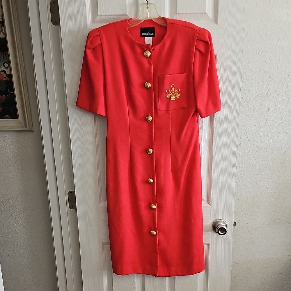 NWOT Positive Attitude Vibrant Red Dress with Gold Accents BUTTONS
